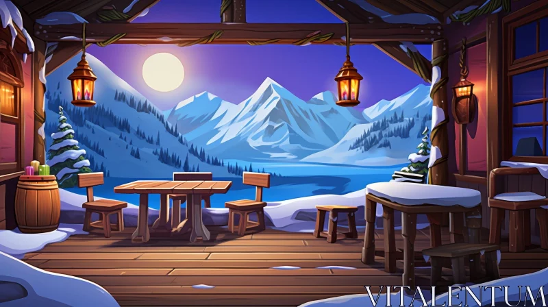 Winter Landscape with Snow-Capped Mountains and Wooden Cabin AI Image