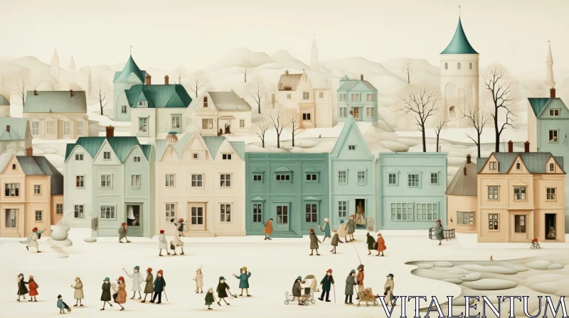 AI ART Winter Town Painting: Serene Scene of Snowy Tranquility