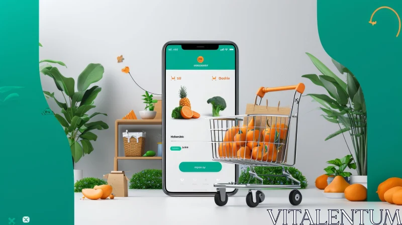 3D Rendering of Mobile Phone with Shopping Cart Full of Groceries AI Image