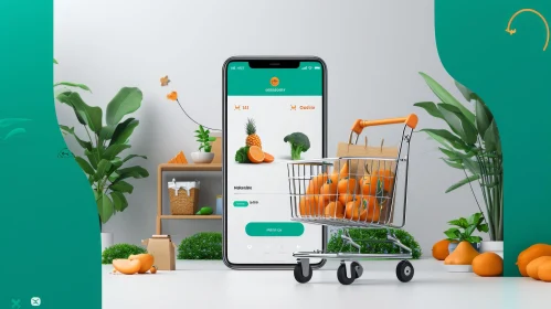 3D Rendering of Mobile Phone with Shopping Cart Full of Groceries