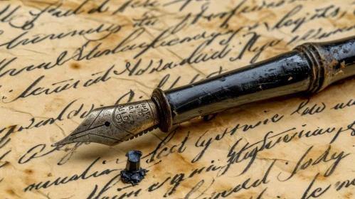 Antique Fountain Pen on Yellowed Paper with Handwritten Text