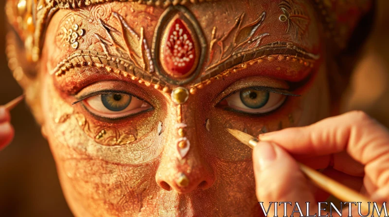 Captivating Close-Up: Woman with Gold Headdress and Intricate Makeup AI Image
