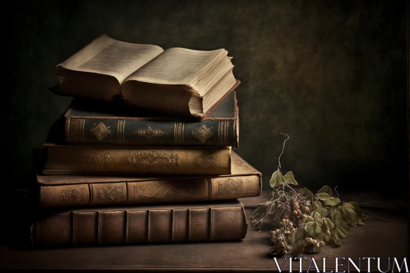 Captivating Stacked Books on Wooden Table | Old Master Fantasy AI Image