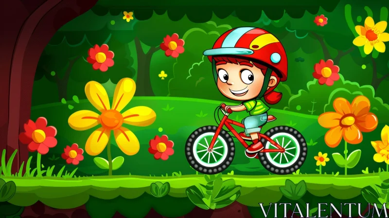 Child Riding Bike in Forest - Cartoon Style AI Image