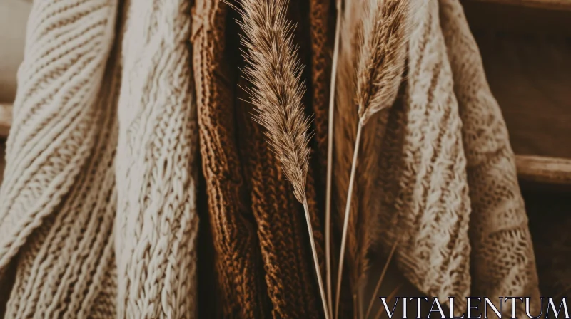 Close-Up of Wheat Stalk on Cream and Brown Knitted Fabric Background AI Image