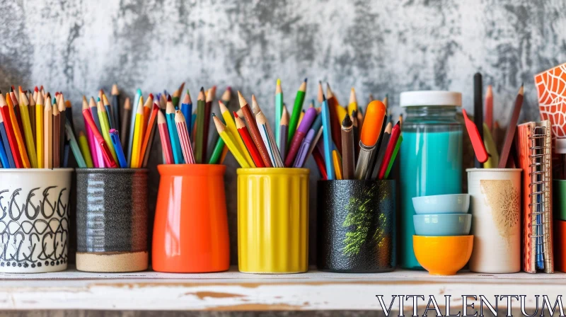Colorful Art Supplies Composition on Wooden Table AI Image
