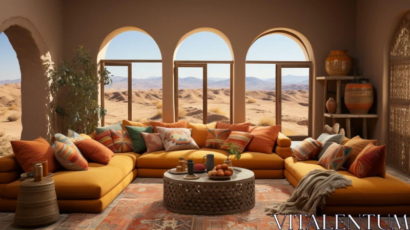 Cozy Living Room Interior with Colorful Sofa and Geometric Rug AI Image