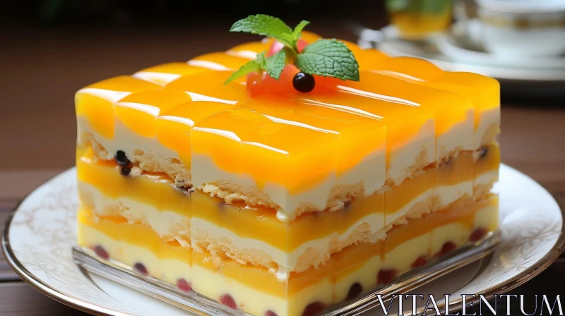 Delicious Cake with Yellow Glaze and Mint Leaves AI Image