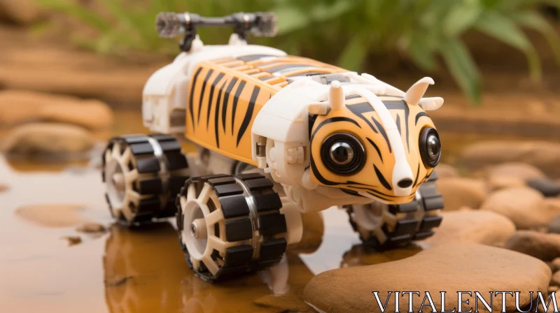 Eco-Friendly, Futurist Toy Tiger in Natural Landscape AI Image
