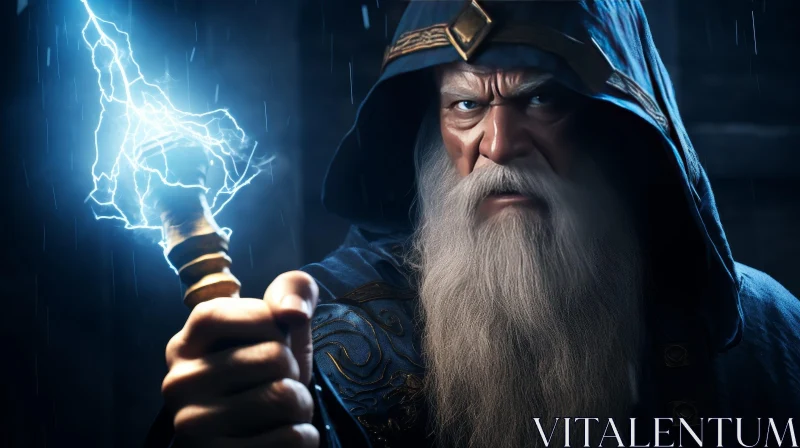 Elderly Wizard Portrait with Lightning Staff AI Image