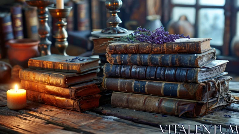 Enchanting Still Life: Stack of Old Books on Wooden Table AI Image