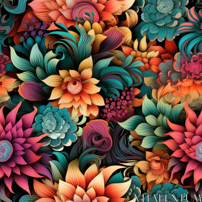 Floral Seamless Pattern - Dark Background with Vibrant Colors AI Image