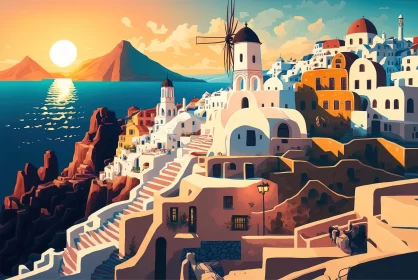 Greek Island Village: Cartoon Illustration with Warm Colors