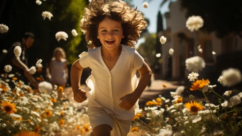 Happy Boy Running in Flower Field