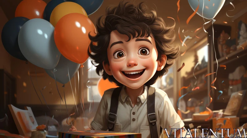 Joyful Boy with Present and Balloons AI Image