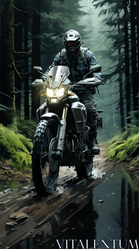 Man Riding Motorcycle Through Enigmatic Forest AI Image
