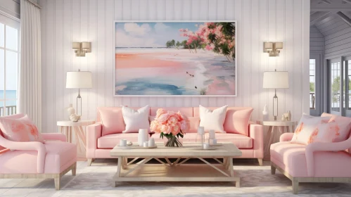 Modern Beach-Themed Living Room with Pink Sofa and Ocean View