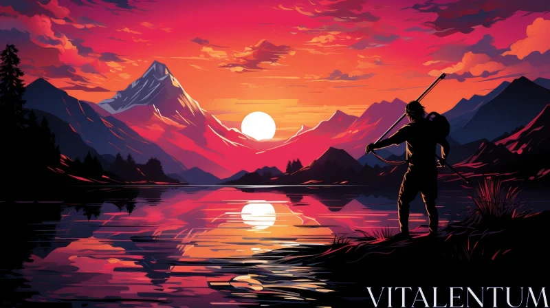 Mysterious Sunset Landscape with Lake and Mountains AI Image