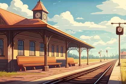 Serene Train Station Illustration in Cartoon Style with Warm Tones