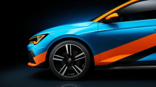 Sleek Blue Car with Orange and Black Stripes in Dark Garage