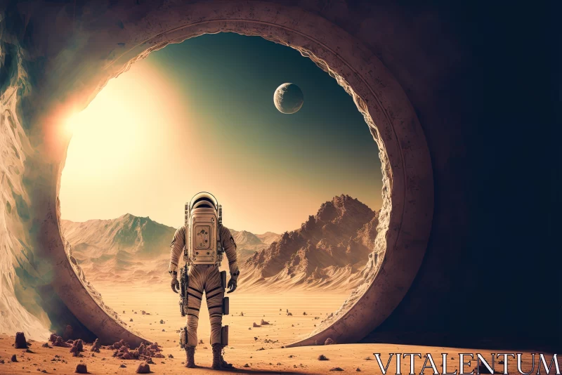 Spaceman in Space Suits Looking at the Door Through Sunlit Desert AI Image