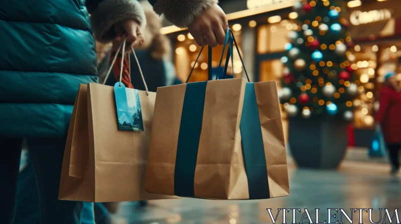 Stunning Winter Shopping Scene: Woman's Hands Holding Blue Bags AI Image