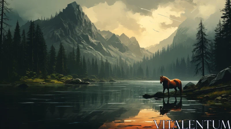 AI ART Tranquil Lake Landscape with Horse