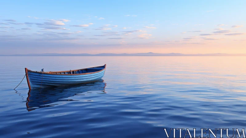 Tranquil Lake Sunset with Blue Boat AI Image