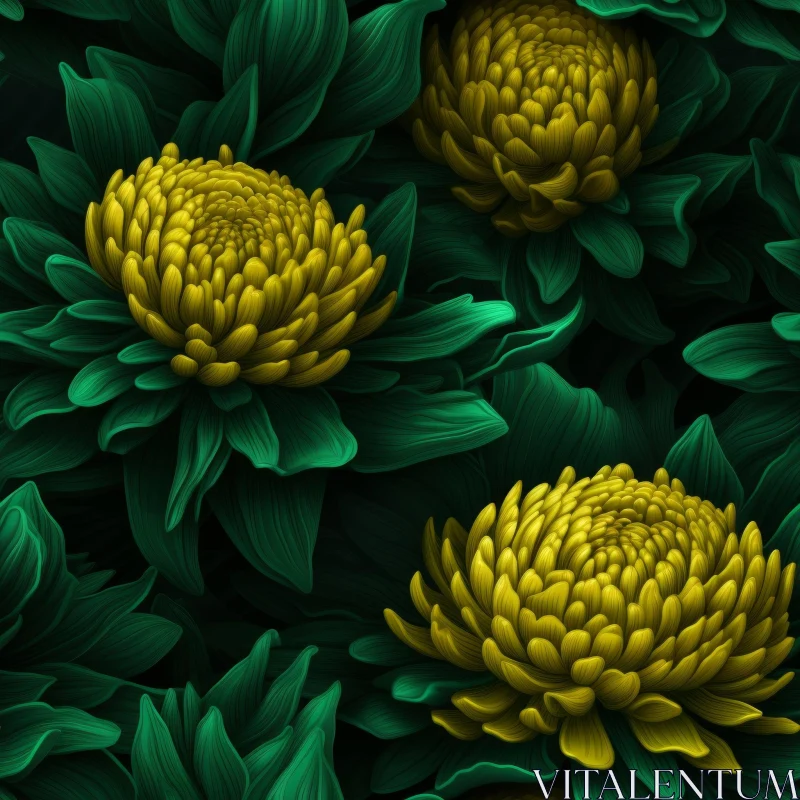 Yellow Chrysanthemum Floral Pattern on Dark Green Background AI Image