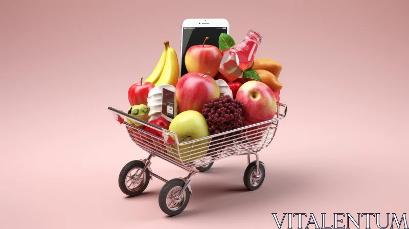 AI ART Colorful 3D Shopping Cart with Groceries and Smartphone