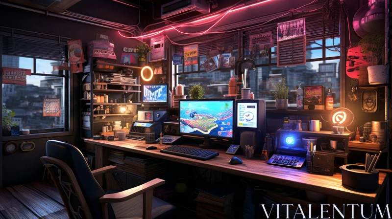 Dark Cyberpunk Home Office with City View AI Image