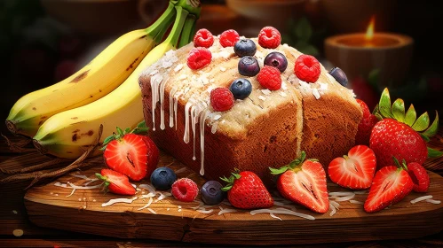 Delicious Banana Cake with Fresh Berries on Wooden Table