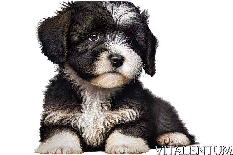 Detailed Illustration of a Black and White Puppy on a White Background AI Image