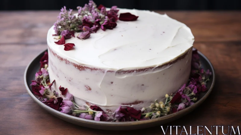 Elegant Cake with White Frosting and Floral Decorations AI Image