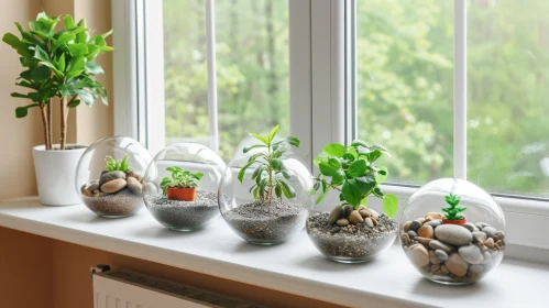 Enchanting Still Life: Glass Bowls with Plants on Window Sill