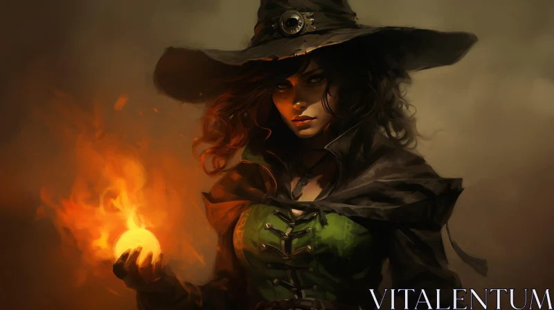 Enchanting Witch with Fireball in Dark Setting AI Image