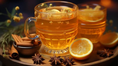 Golden Tea with Lemon and Spices on Wooden Table