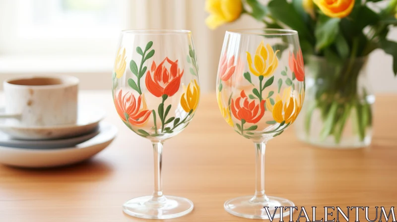 Hand-colored Wine Glasses with Folk-inspired Floral Designs AI Image