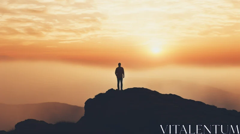 Man standing on mountain at sunset AI Image