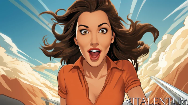 Surprised Woman Cartoon Drawing | Blue Sky Background AI Image