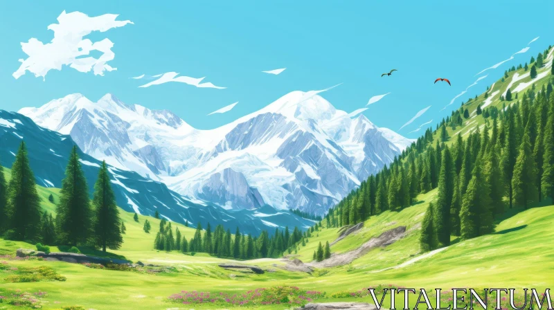 AI ART Tranquil Mountain Landscape with Paragliders and River