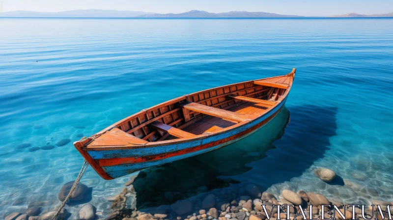 AI ART Tranquil Wooden Boat on Lake - Serene Water Reflections