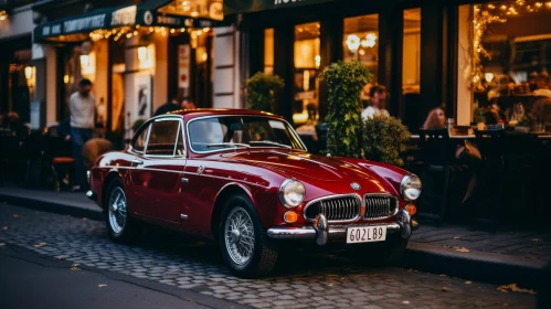 Vintage Car on Cobblestone Street | Red Car Parked in Front of Restaurant