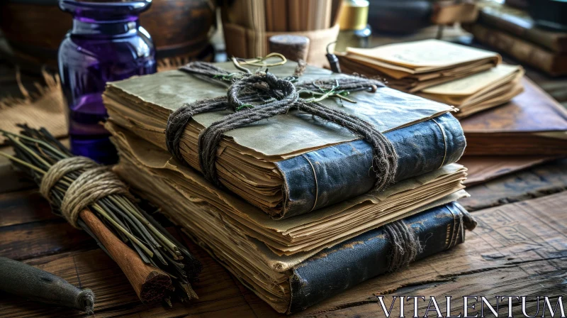Vintage Stack of Books on Wooden Table with Rustic Accents AI Image