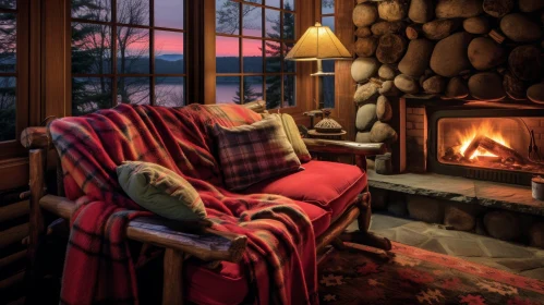 Warm and Inviting Living Room with Fireplace and Lake View