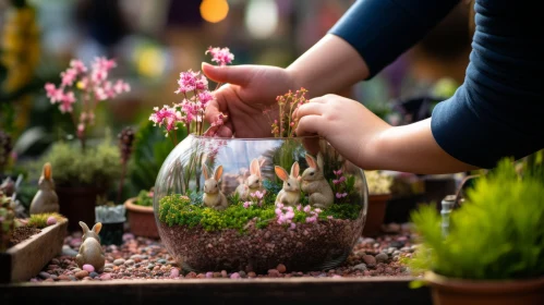 Whimsical Miniature Terrarium with Floral Accents and Animal Figurines