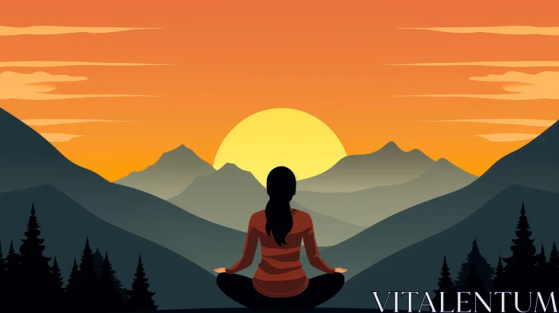 Woman Meditating in Mountain Sunset Illustration AI Image