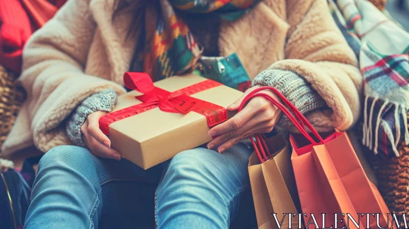 Woman with Shopping Bags Holding Gift | Blurred Background AI Image