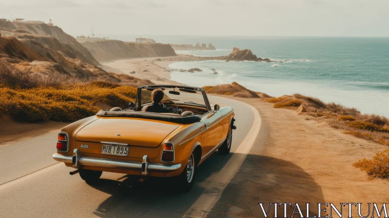 Yellow Vintage Car on Coastal Road AI Image