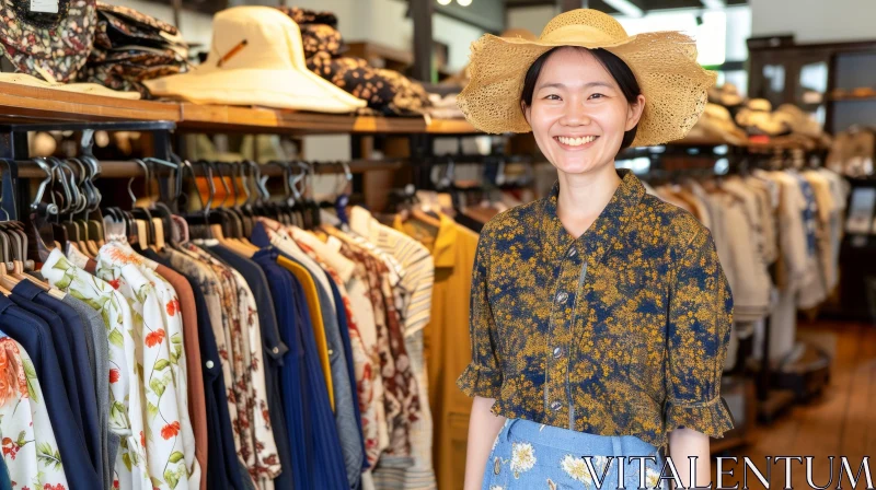 Young Asian Woman in Straw Hat and Floral Shirt in Clothing Store AI Image
